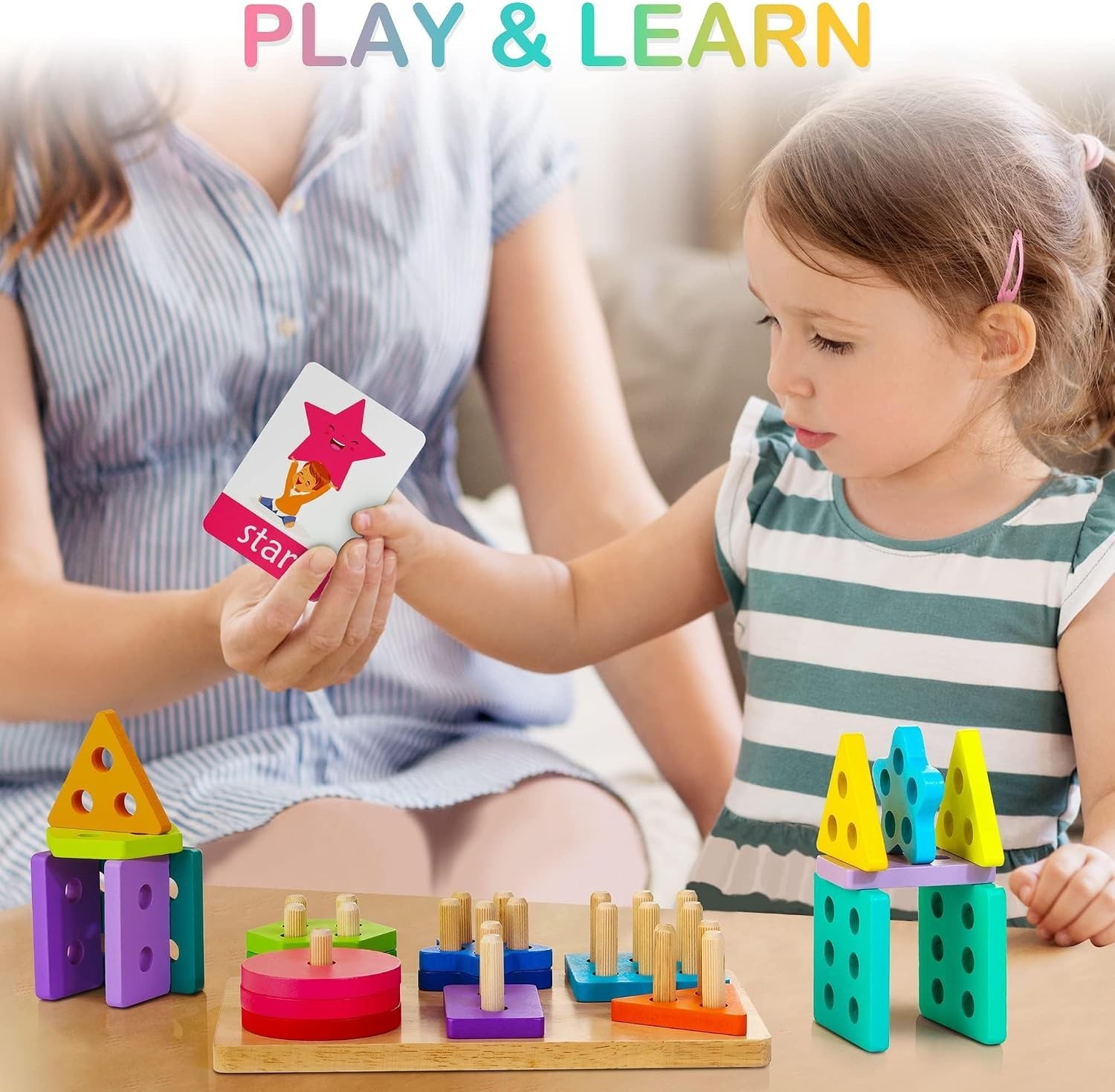 24-Piece Rainbow Stacking Toys with Shapes & Word Cards for Toddlers 12+