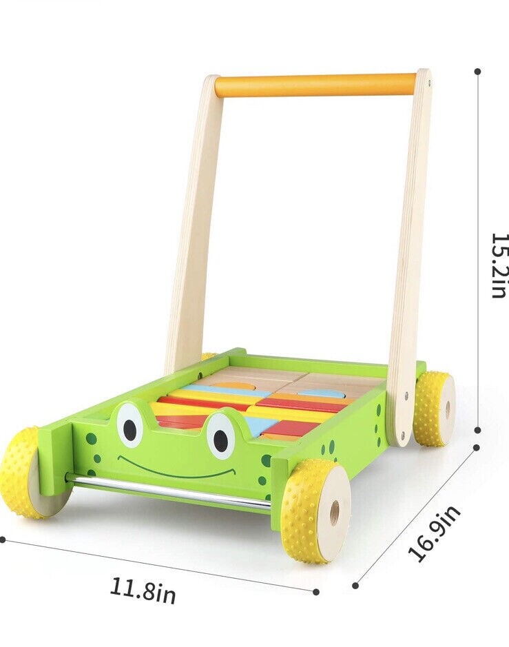 New — Jamohom Wooden Frog Baby Learning Walker Activity Center Toy with Blocks