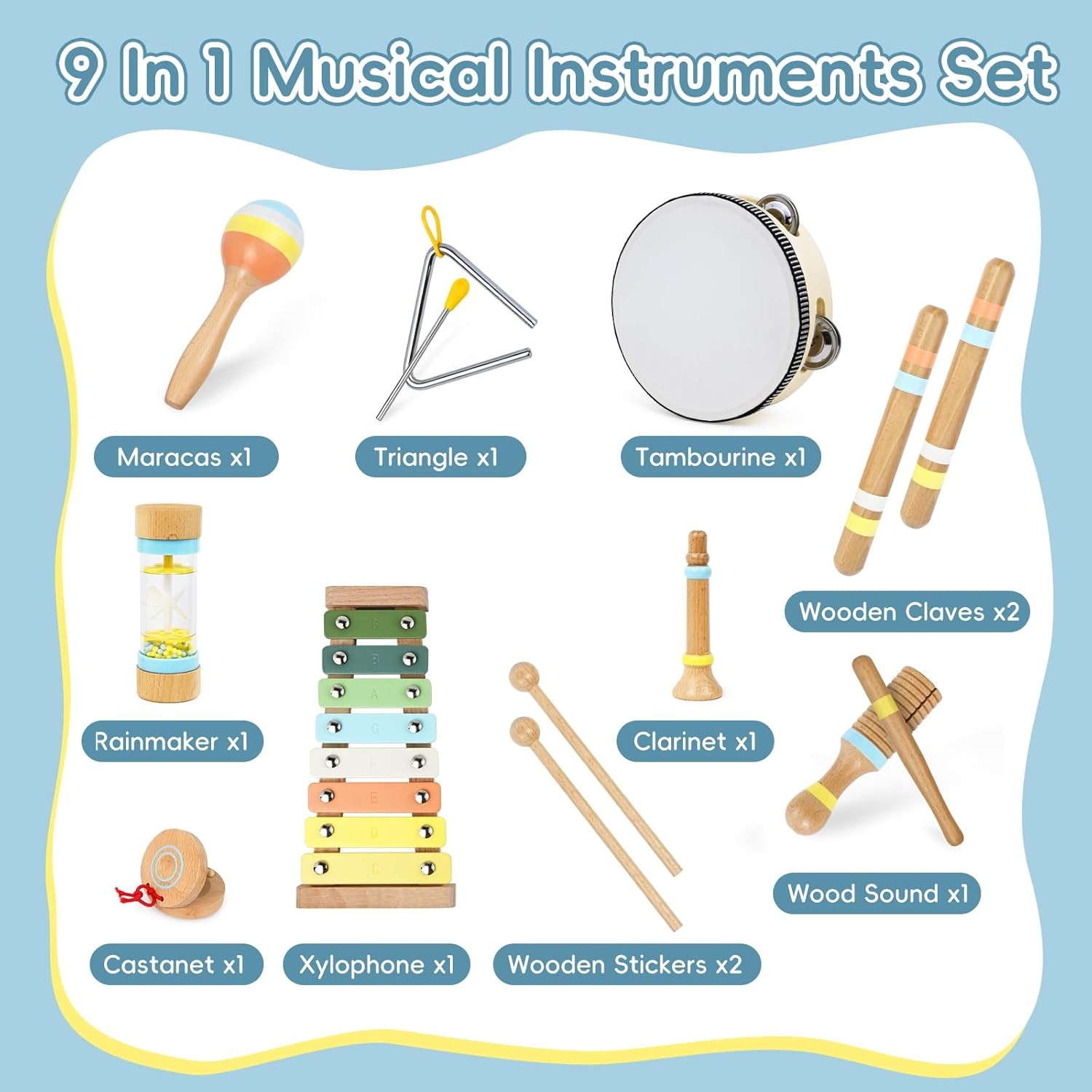 Toddlers Musical Instruments – 9Pcs Baby Montessori Wooden Musical Toys for Todd