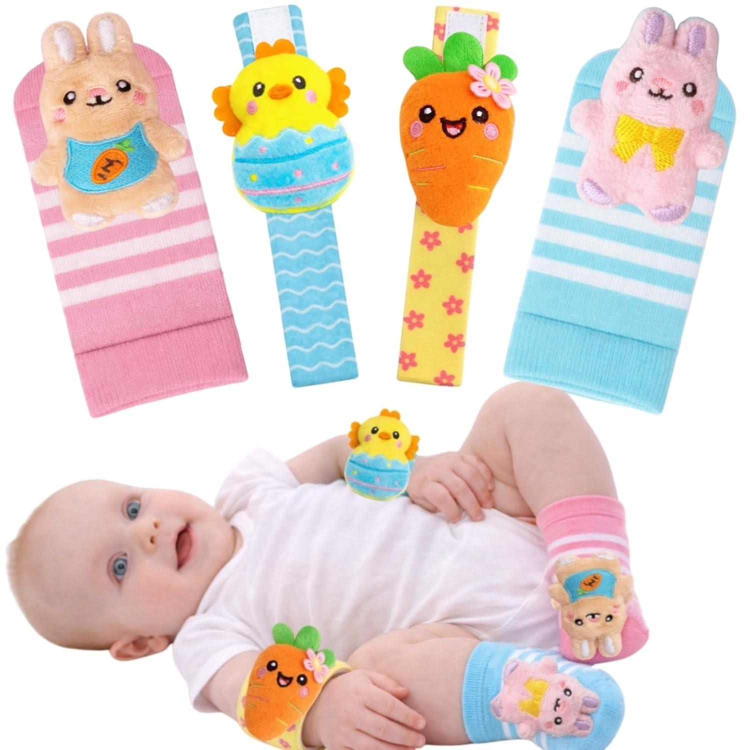 Easter Baby Wrist Rattle Socks and Foot Finder Set, Infant Girl Boy Toys for