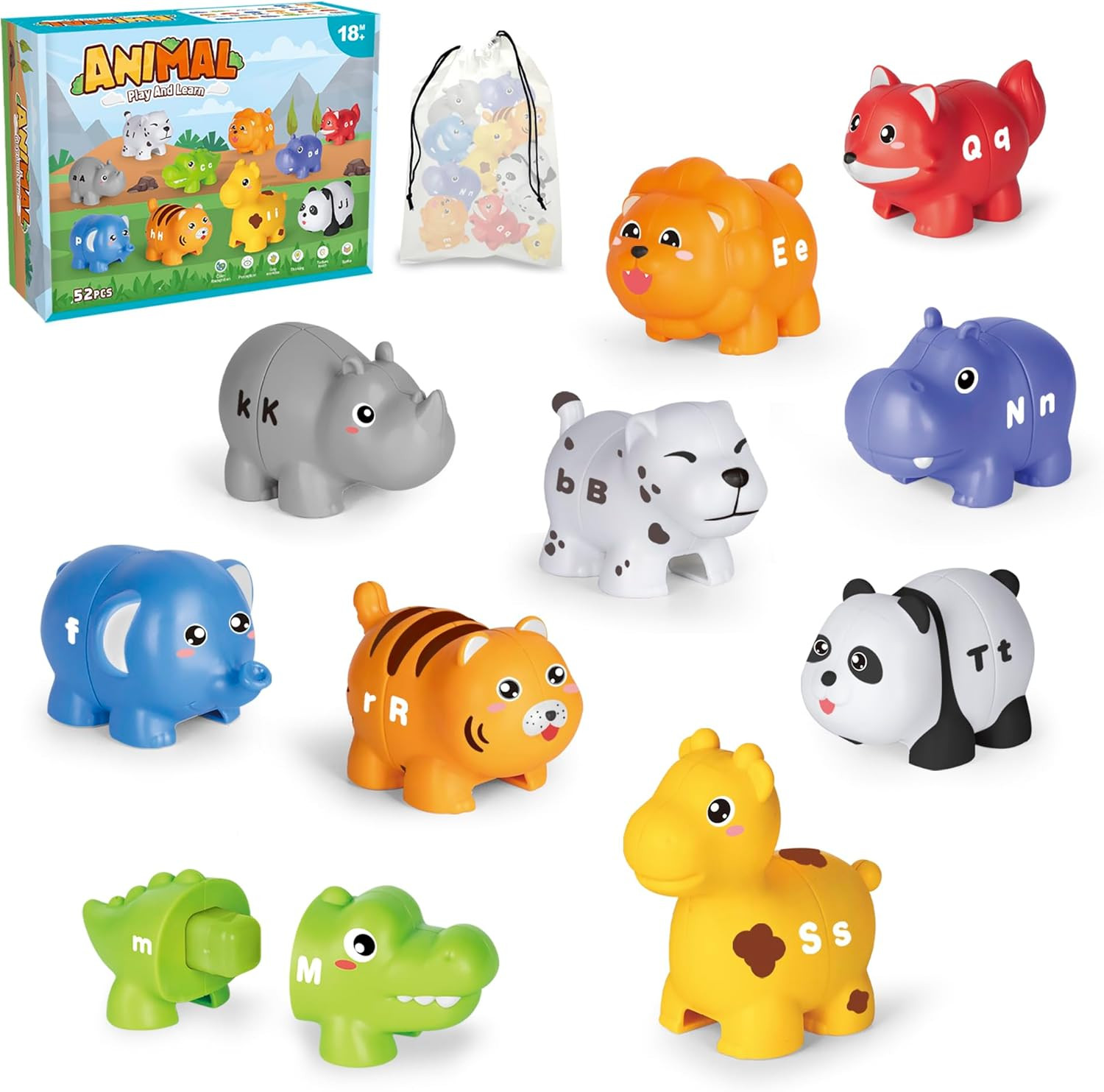52 Pcs ABC Animal Alphabet Match Game with Uppercase Lowercase, Animal Figures