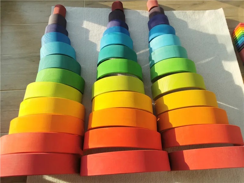 Wooden Rainbow Arch Stacking Blocks Montessori Sorting Peg Dolls Kids Toy