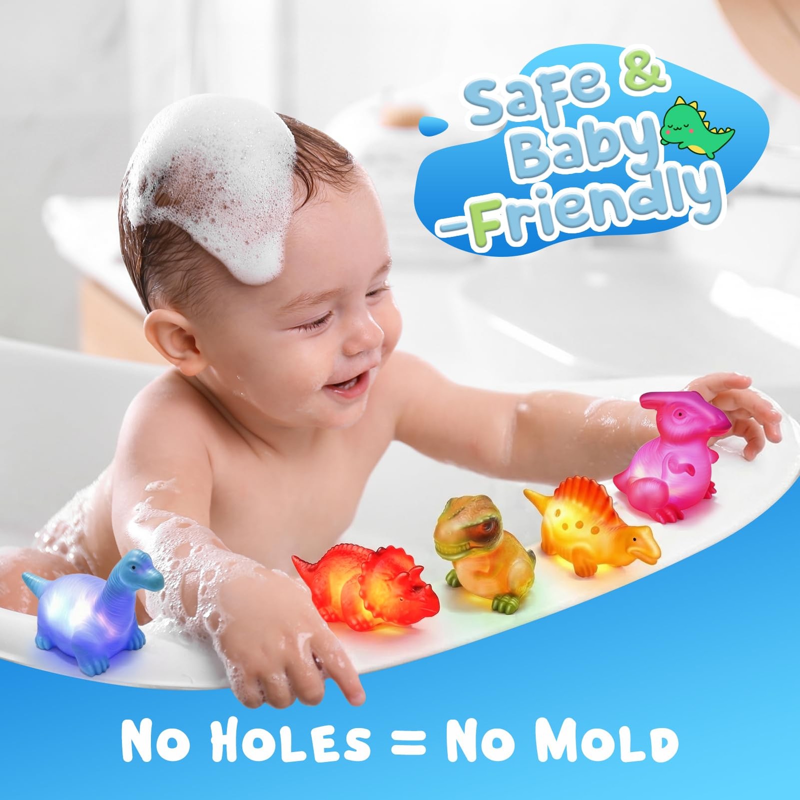 Baby Bath Toys for Toddlers 1-5, 6 Packs Light Up Floating Dinosaur Small