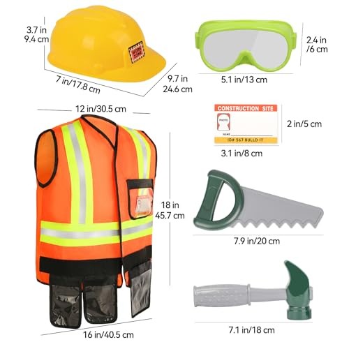 Kids Tool Set for Boys Girls 3-5 Years, Construction Worker Costume with Hat,