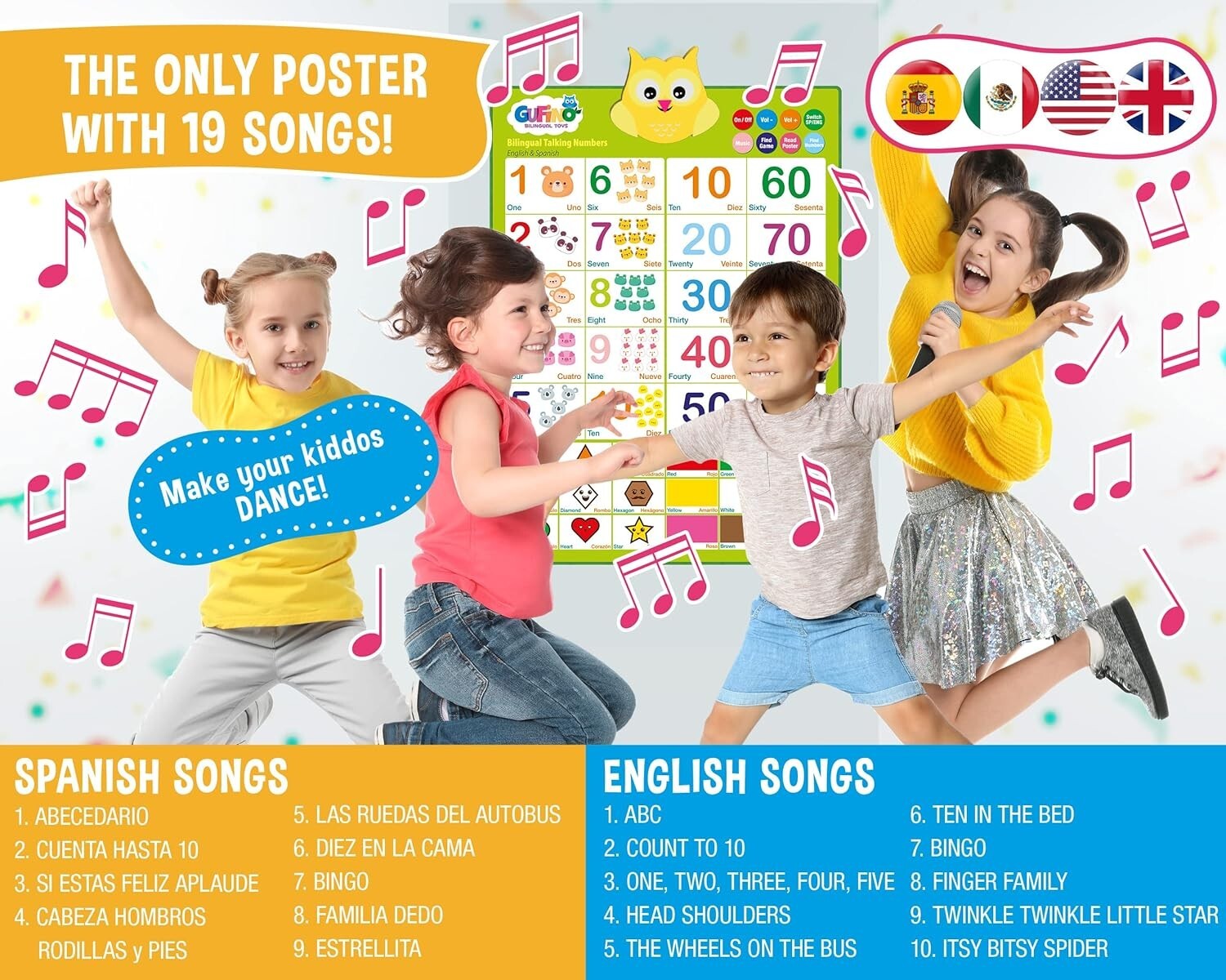 Bilingual Talking Numbers Kids Education Poster English & Spanish Shapes Colors