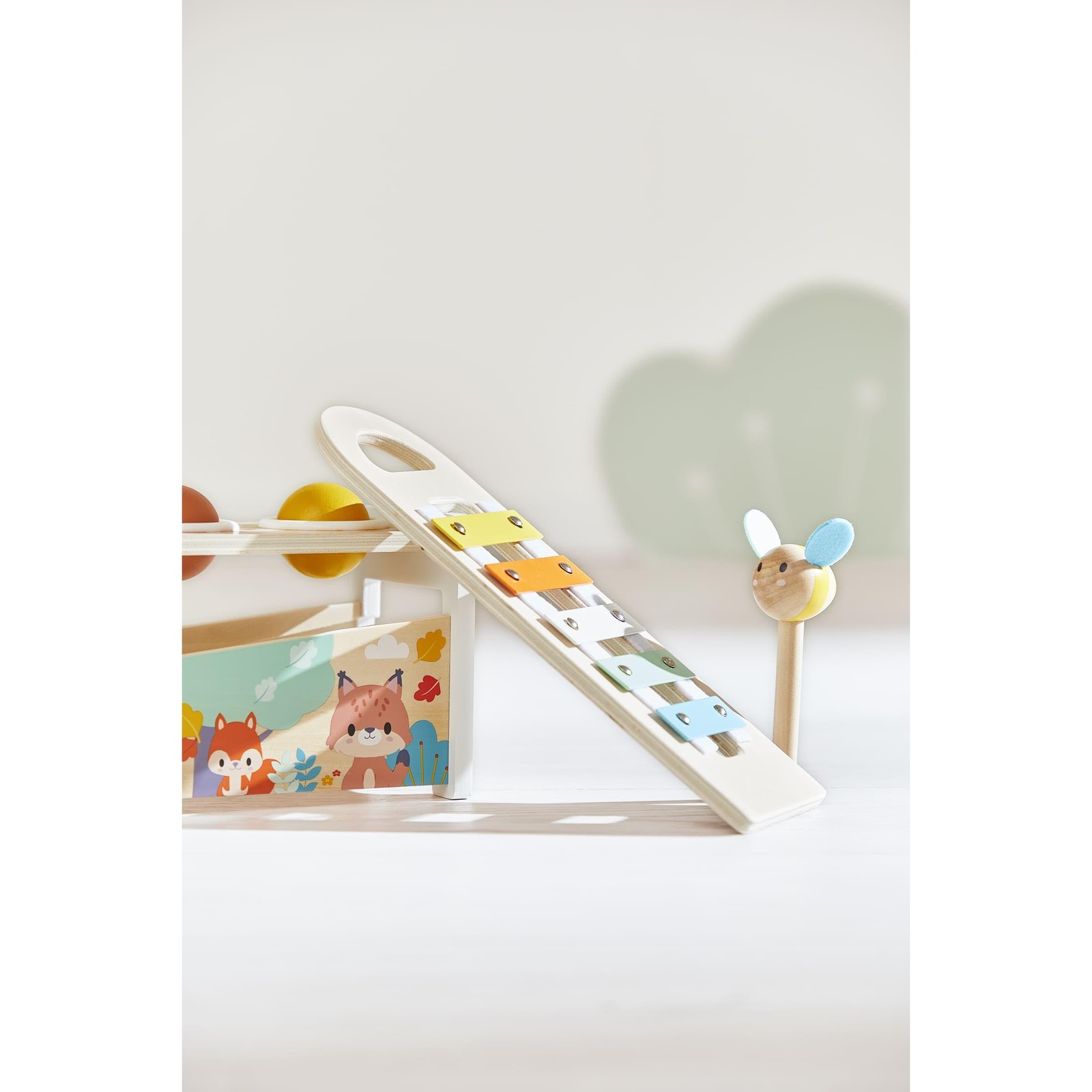 Janod Pure Tap Pastel Wooden Xylophone Pounding Bench Cherry Wood Balls Bee