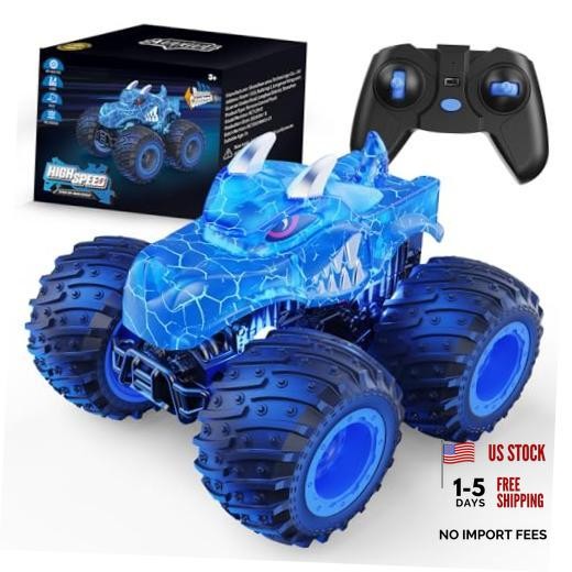 Remote Control Car, 2.4GHz Monster Trucks Toys with Light Spray, Dinosaur-blue