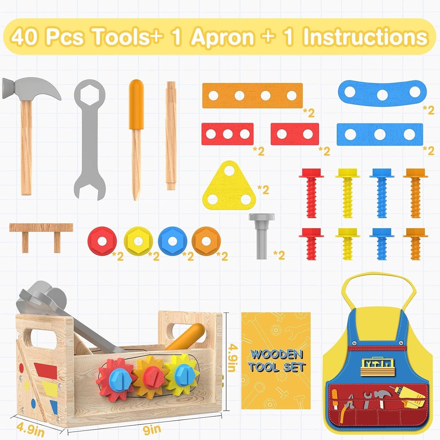 Toys for 2 Year Old Boy – Wooden Kids Tool Set with Apron, Montessori Toddler Be