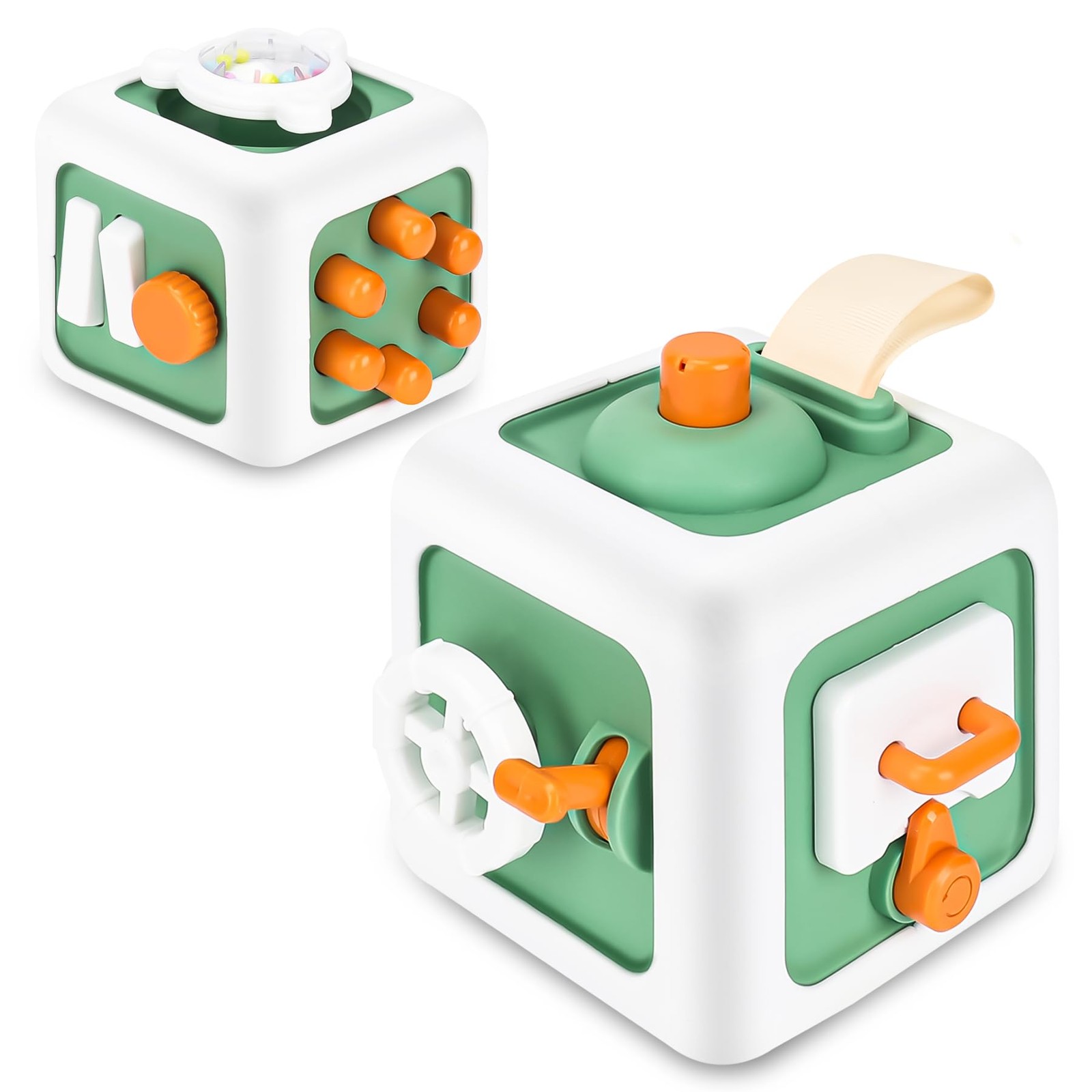 Montessori Busy Cube Toy Green 6-in-1 Travel Sensory for One Year Old Toddlers