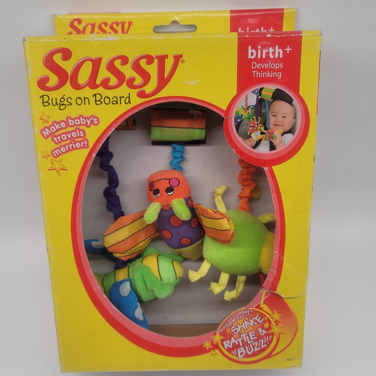 NOS VINTAGE Sassy Bugs on Board Car seat Baby Bright Color Grasping Rattle Toy