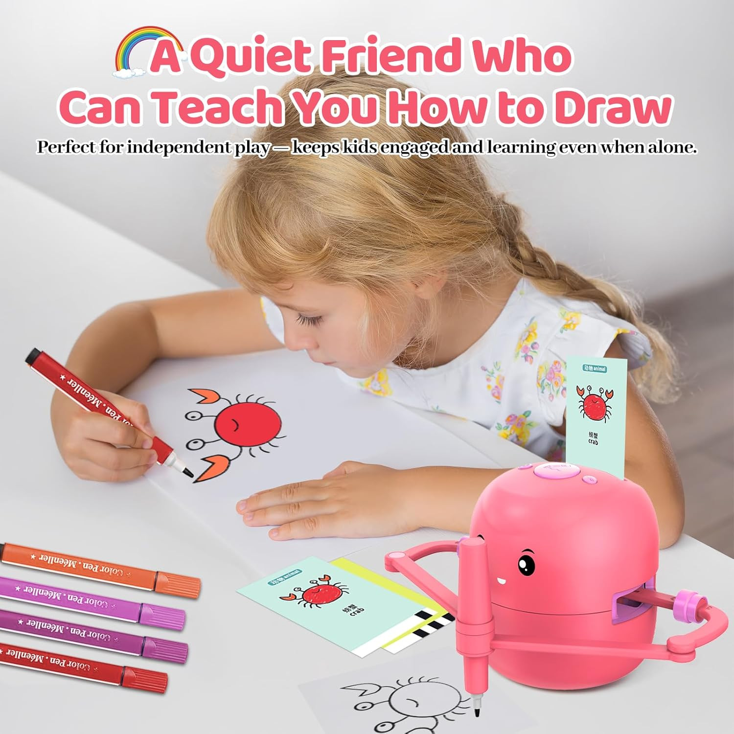 Drawing Robot for Kids with 150 Learning Cards and 17 Colorful Pens, Voice Inter