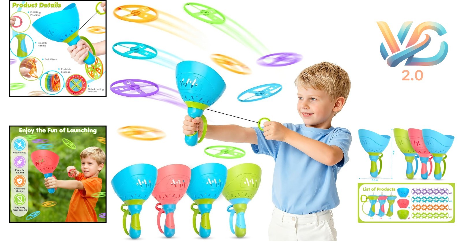 Outdoor Flying Disc Launcher 4 Pack Kids Ages 3-8 Family Games Safe Durable