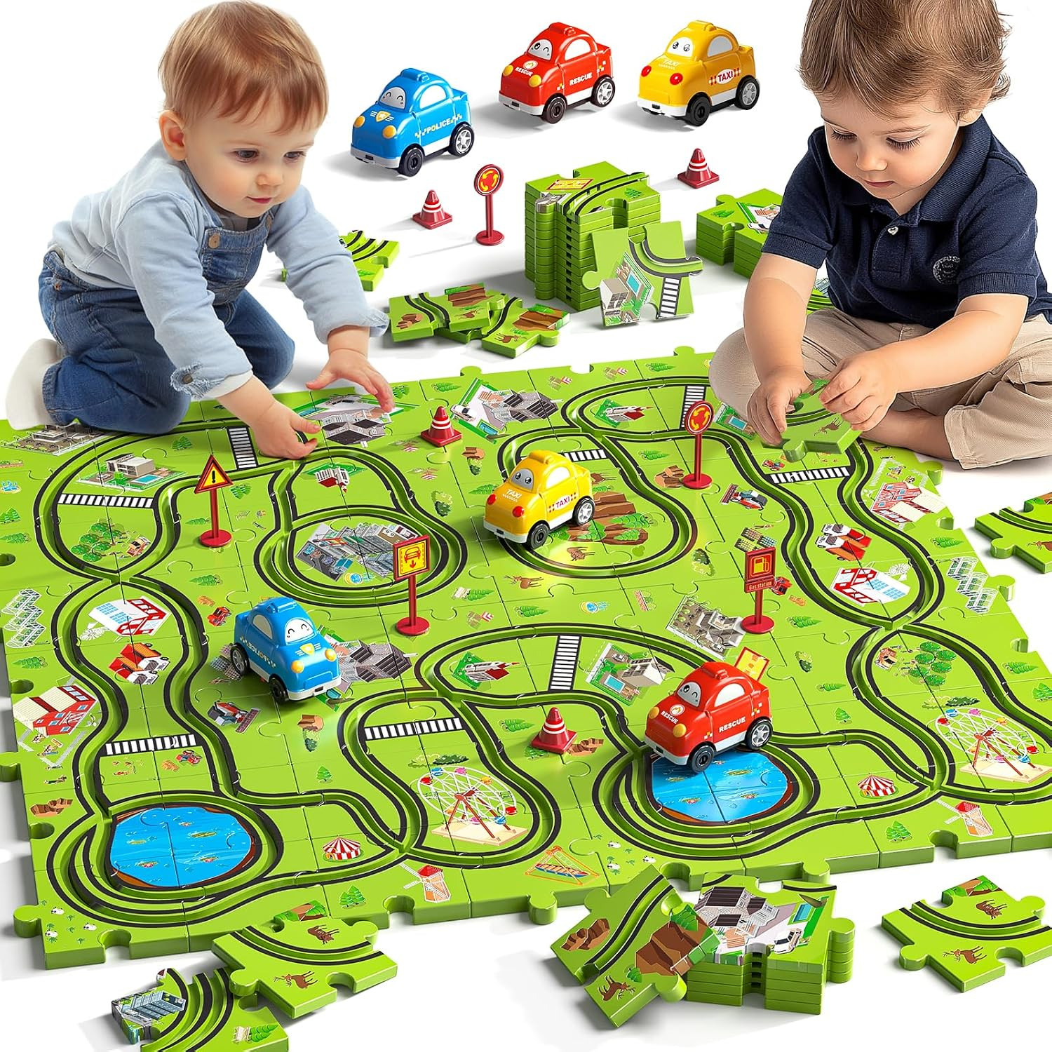 JUKUDAHU 64 Pieces Puzzle Race Track Car Set Toys for 3 4 5 6 Year Old Boys – Pu