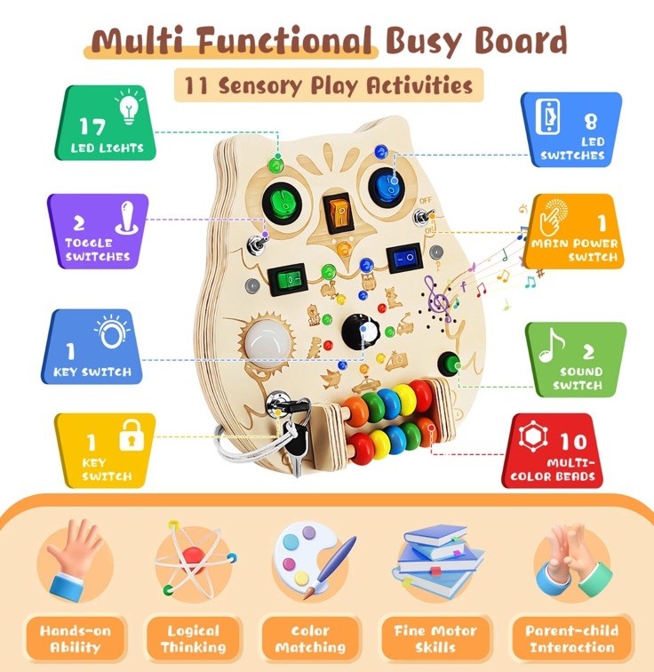 RCPLAGA Montessori Busy Board Wooden Owl Sensory Toy LED Light Switches Music