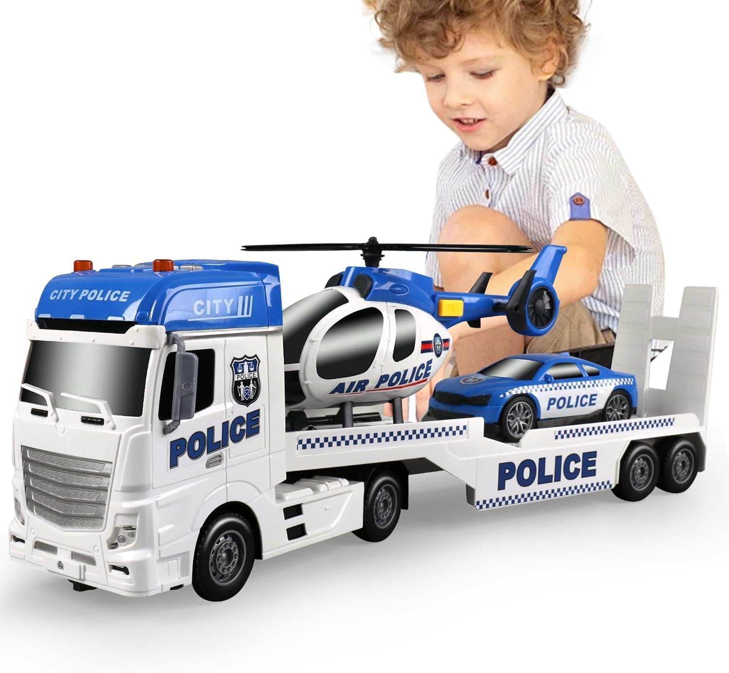 Toddler Boy Toys for 3 4 5 6 Old, 25″ Semi Truck Toy with Racing Car and Hel…