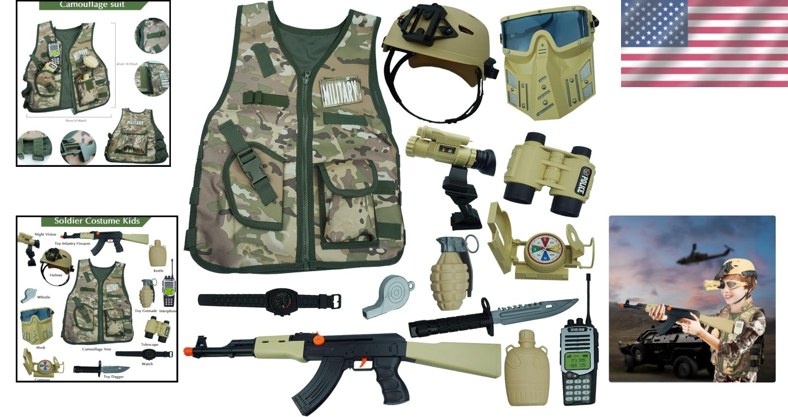 Kids Army Soldier Combat Costume Set with Helmet – 12pc Dress Up for Ages 3-10