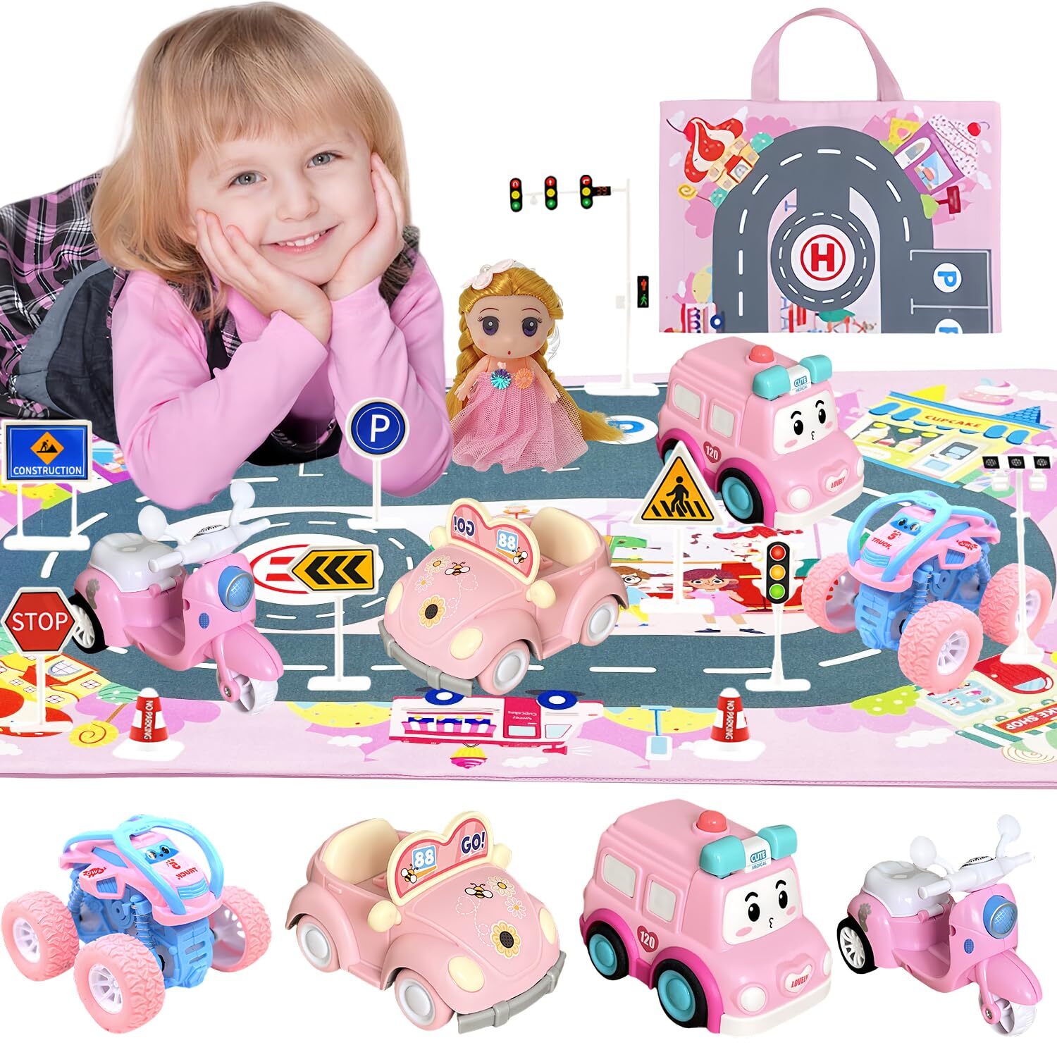 Toddler Girls Brithday Gifts Sets, Pink Car Toy for Girls Age 2-4 with Storage