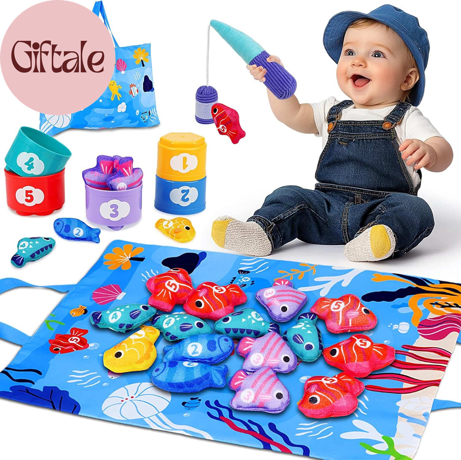 Montessori Toys for 1 Year Old – Cloth Fishing Game with Stacking Cups Toddler T