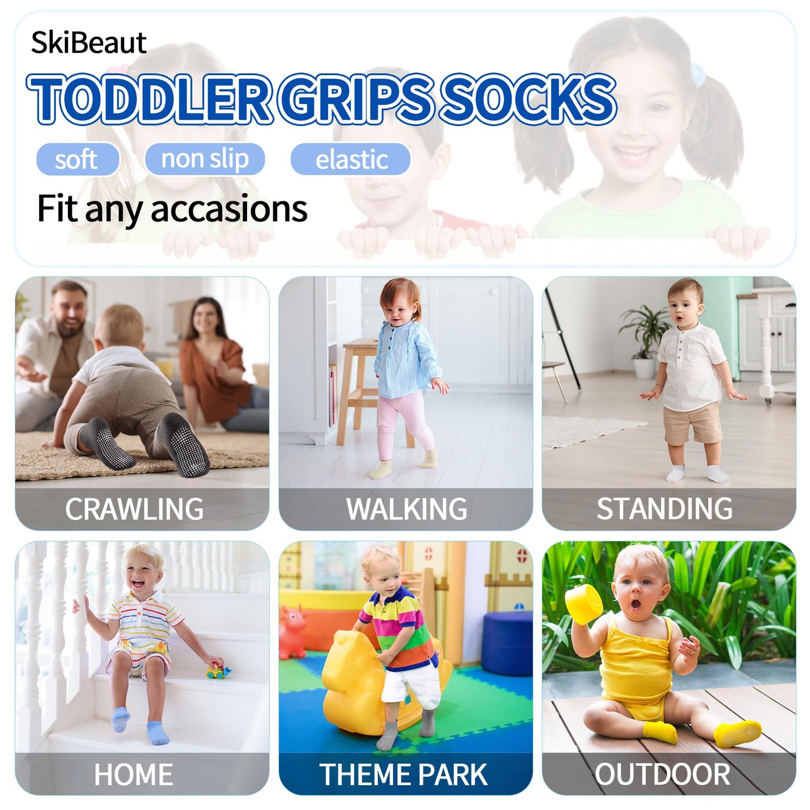 12 Pairs Toddler Non-Slip Socks with Grips for Boys & Girls, Ages 6 Months-7