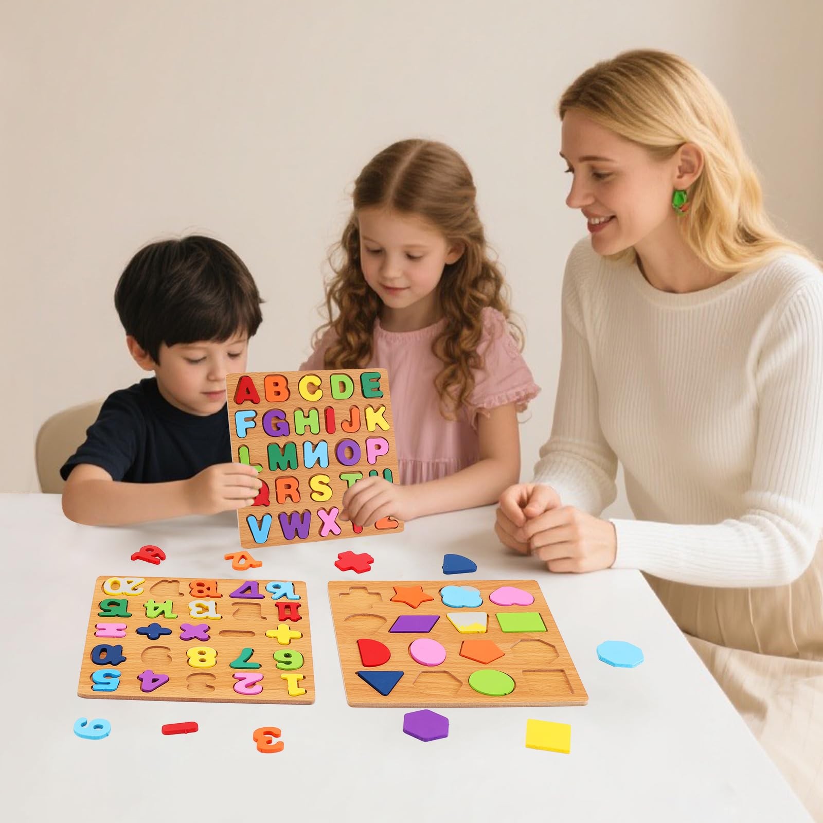 Wooden Puzzles Alphabet Number Shape Educational Pack of 3 ABC Ages 3-5