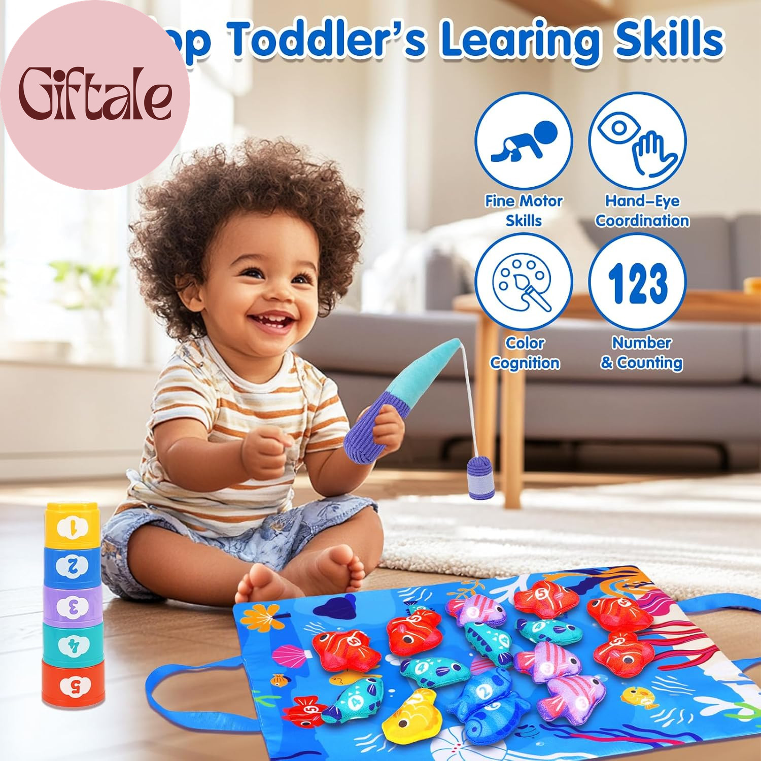 Montessori Toys for 1 Year Old – Cloth Fishing Game with Stacking Cups Toddler T