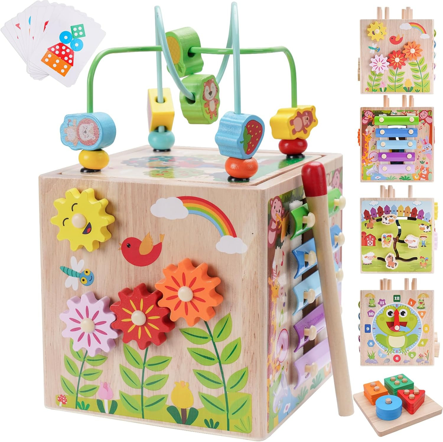 Wooden Activity Cube | Montessori Toys for 1 2 3 Year Old Toddlers | One Year Ol