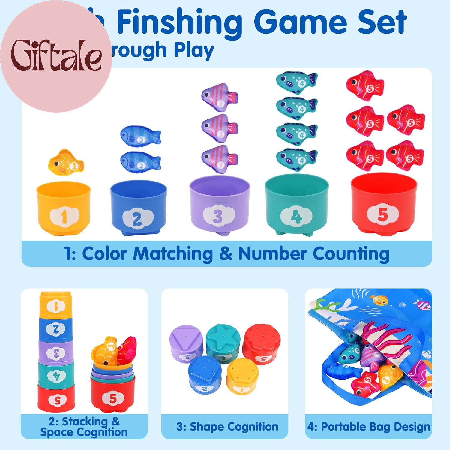 Montessori Toys for 1 Year Old – Cloth Fishing Game with Stacking Cups Toddler T
