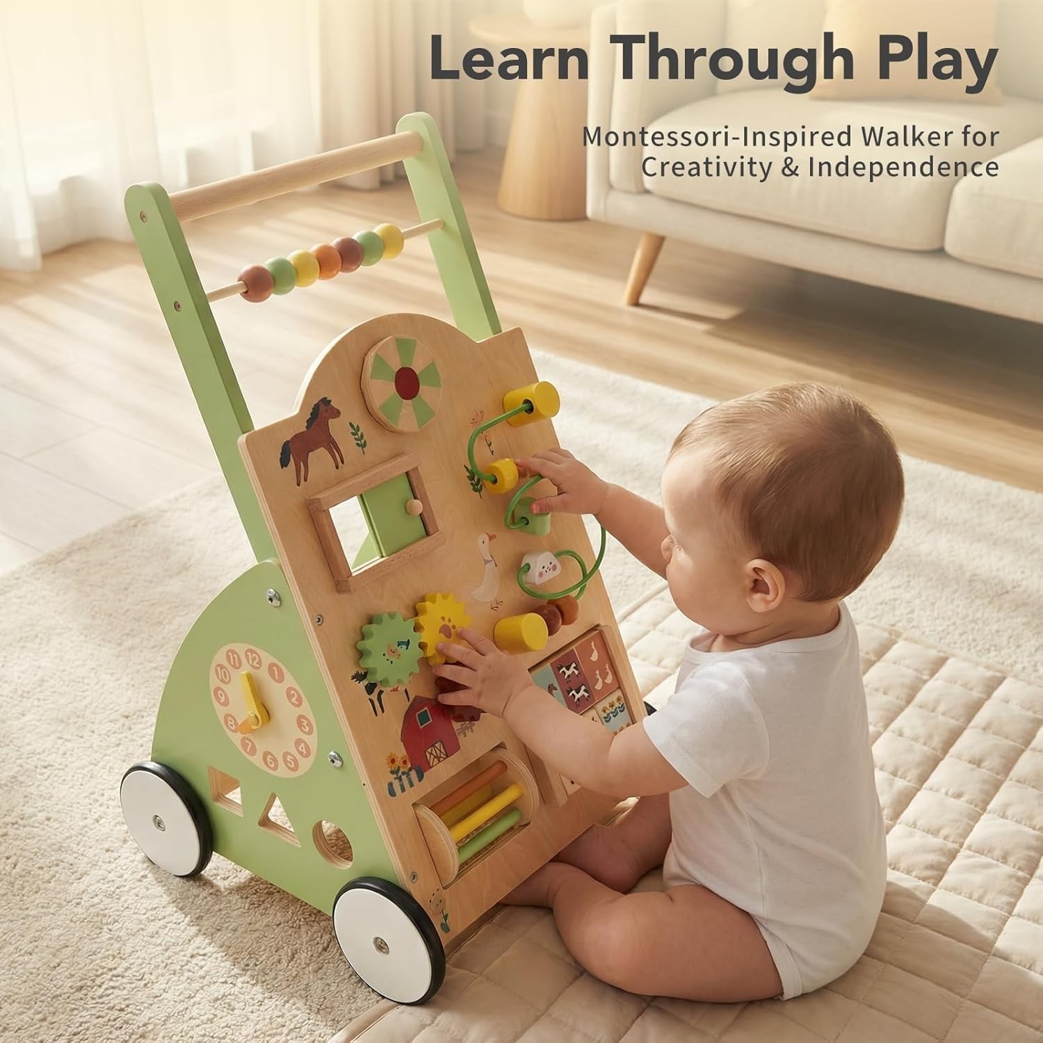 OLIXIS Wood Baby Walker Push Toy,Wheel Speed Adjustable,Montessori Activity Toy