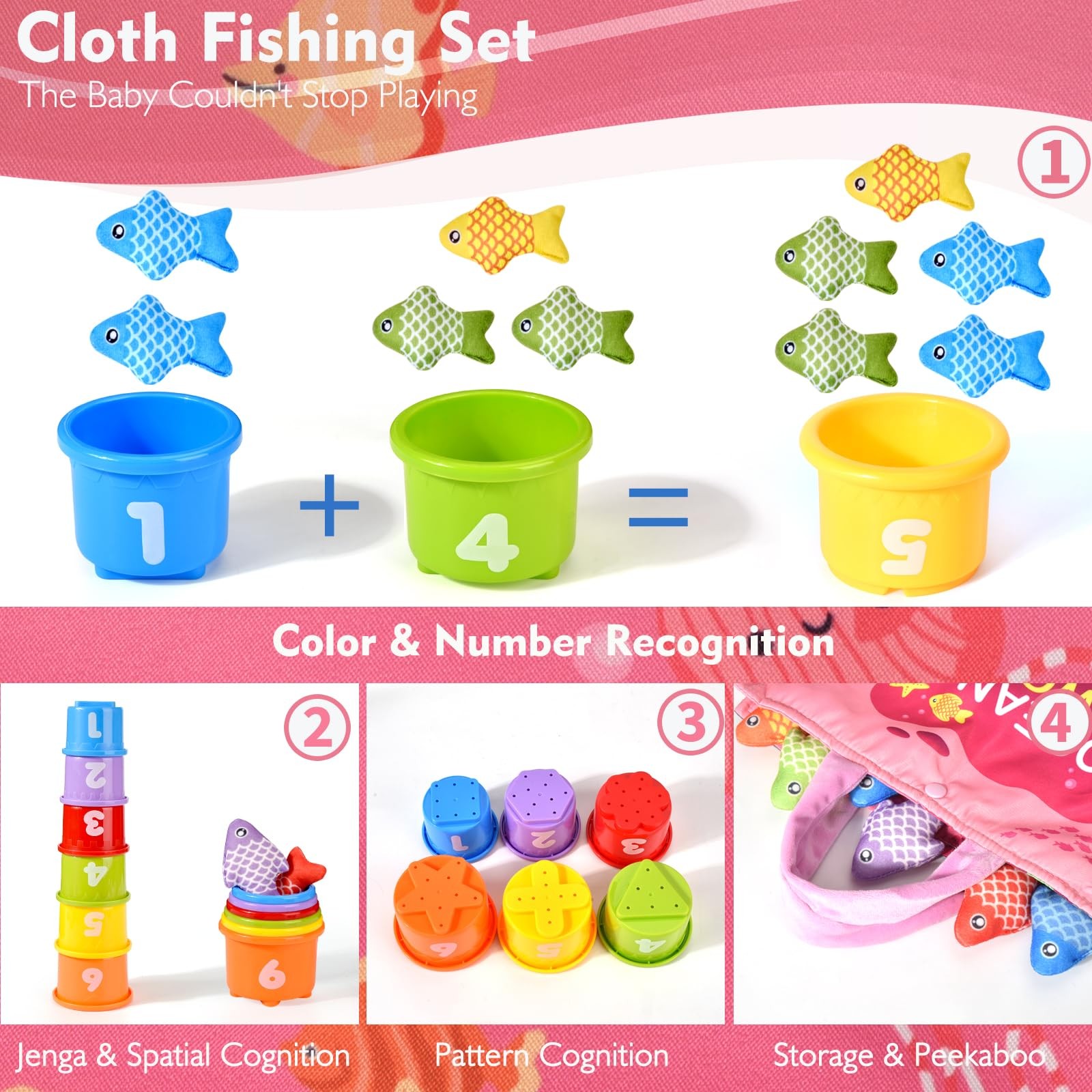 Montessori Toys for 1 Year Old – 20PCS Cloth Toddler Pink Fishing Game with S…