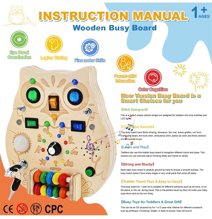 RCPLAGA Montessori Busy Board Wooden Owl Sensory Toy LED Light Switches Music