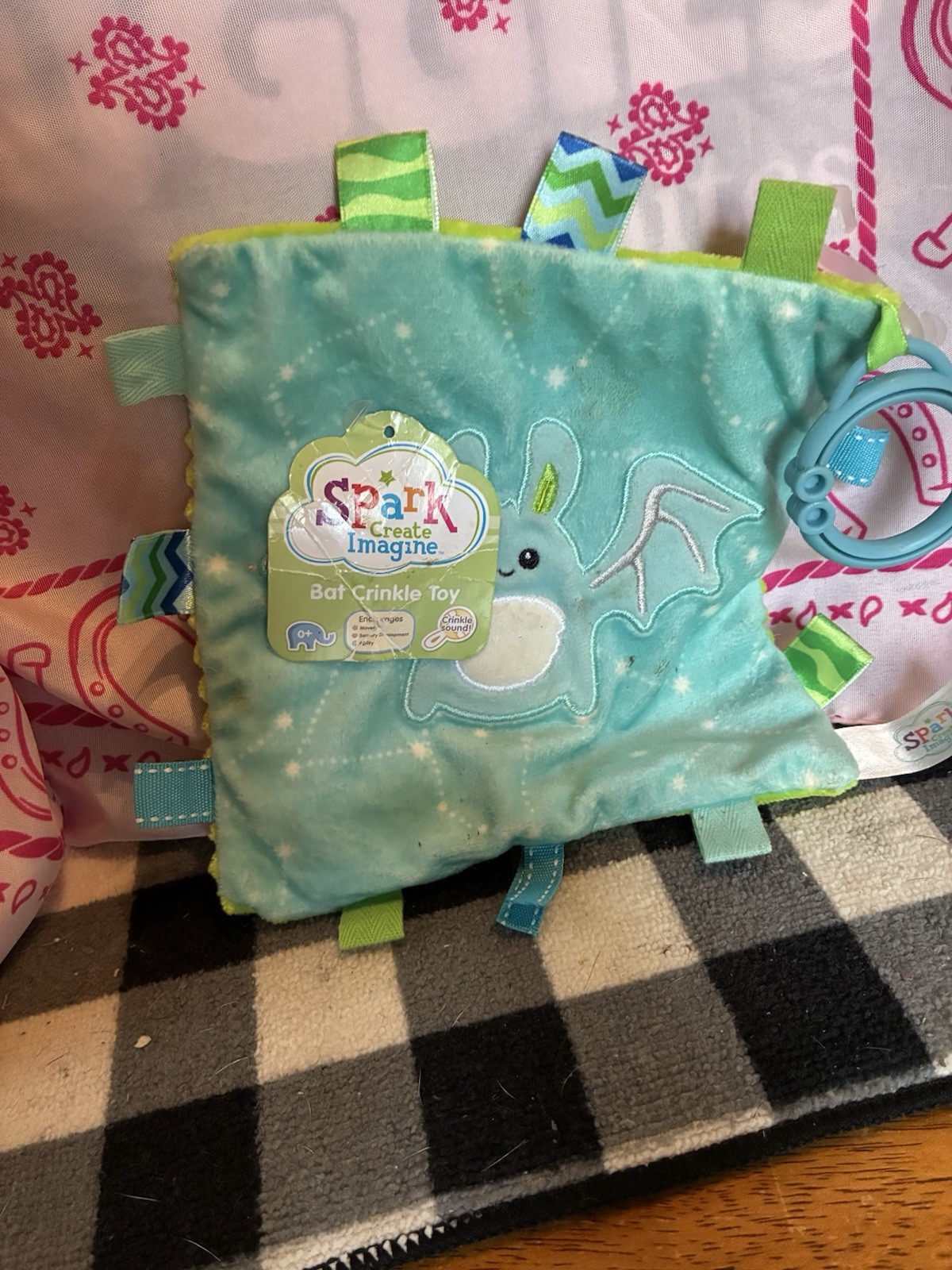 Spark Create Imagine Bat Crinkle Toy Blue/Green Plush Sensory Taggie Lovey(433)