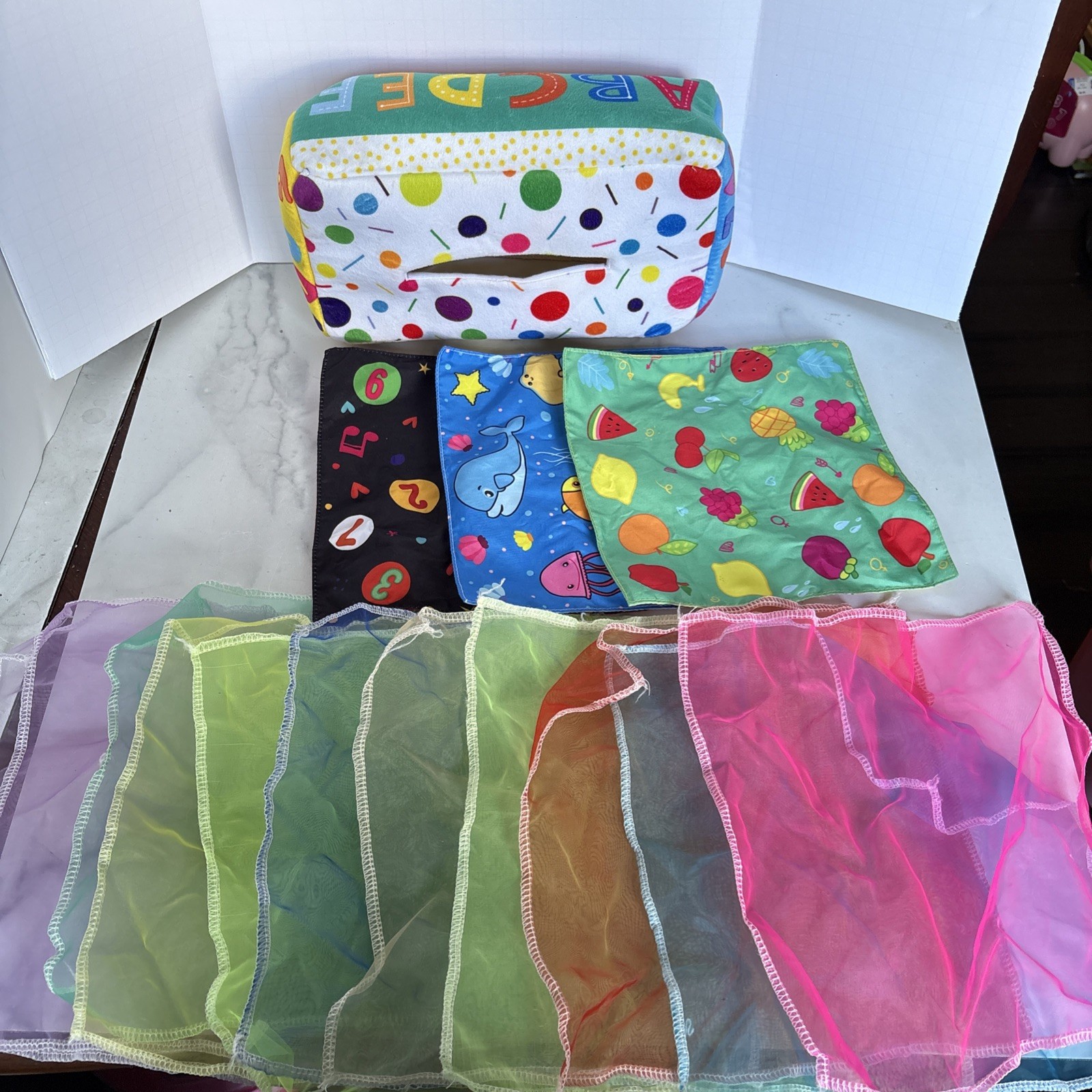 Soft Side Baby Tissue Box Rainbow Scarves Crinkle Tissues Sensory Toy