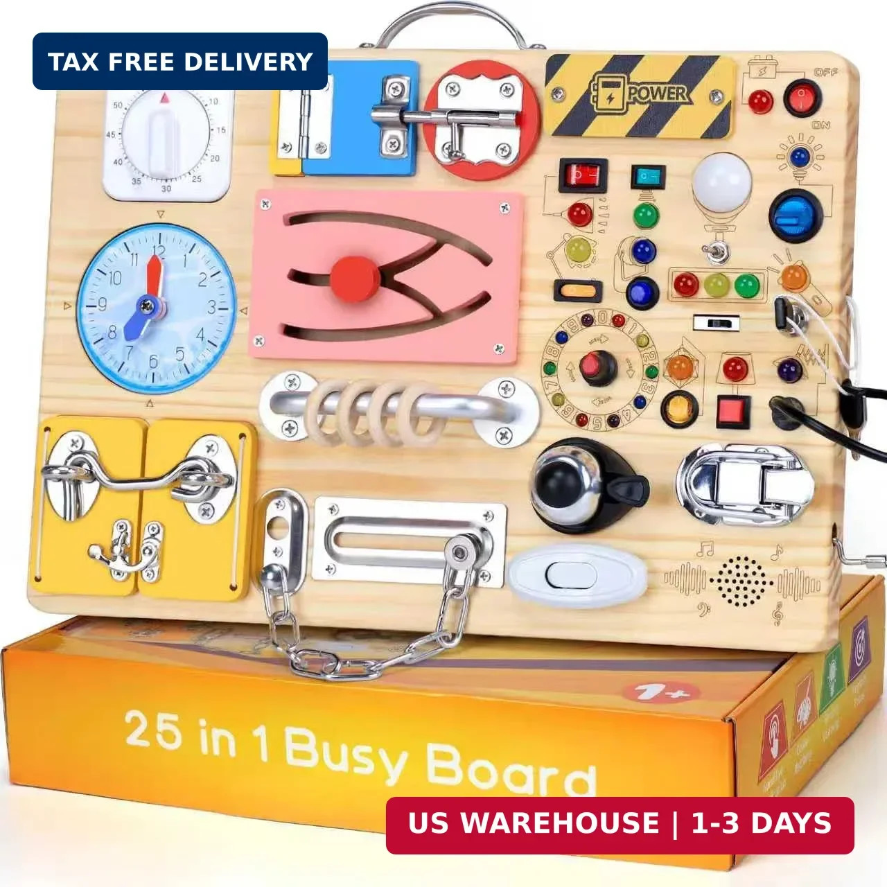25 in 1 Busy Board with 13 LED Light Switches and 12 Activity, Montessori Toys f