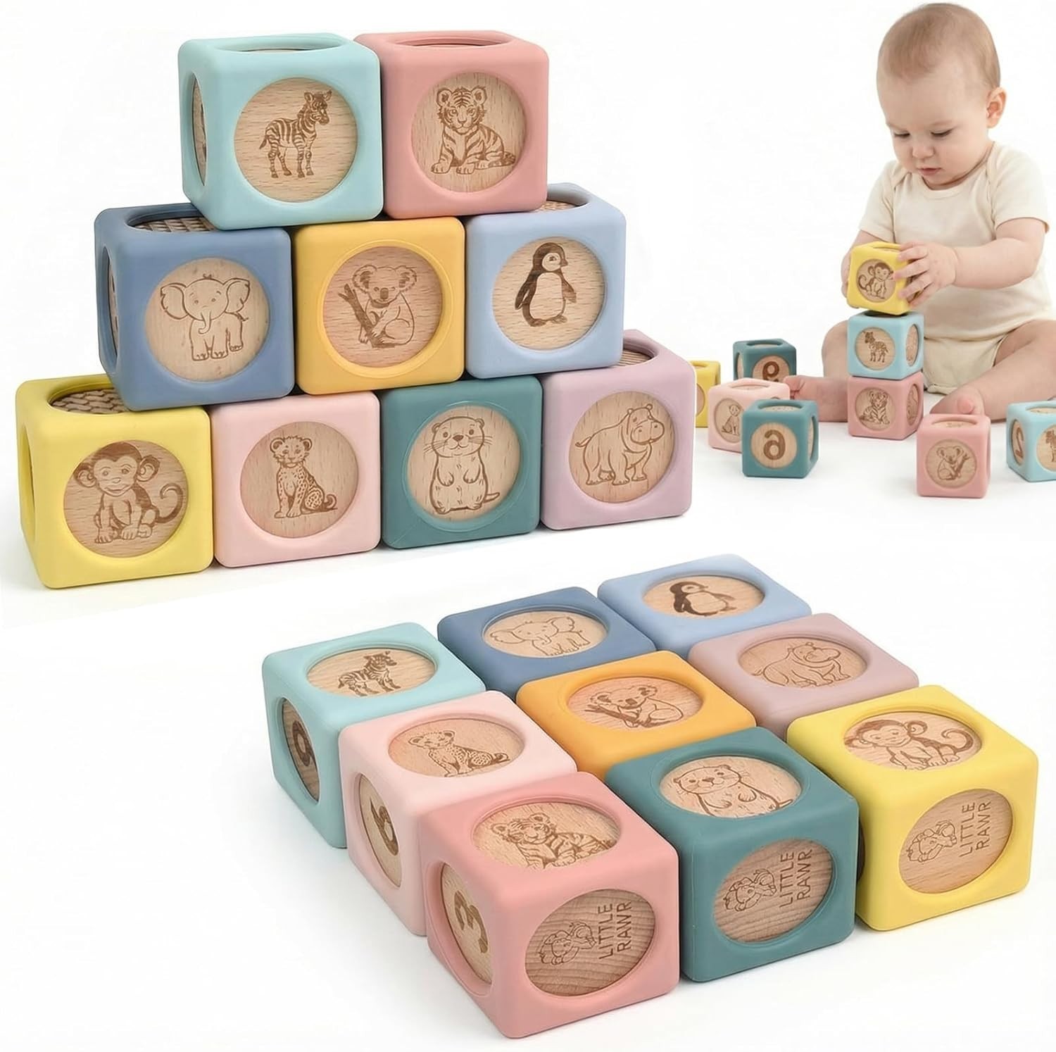 Gentle 9 Pcs Silicone & Wooden Stacking Blocks – Safe Toy for Infants & Toddlers