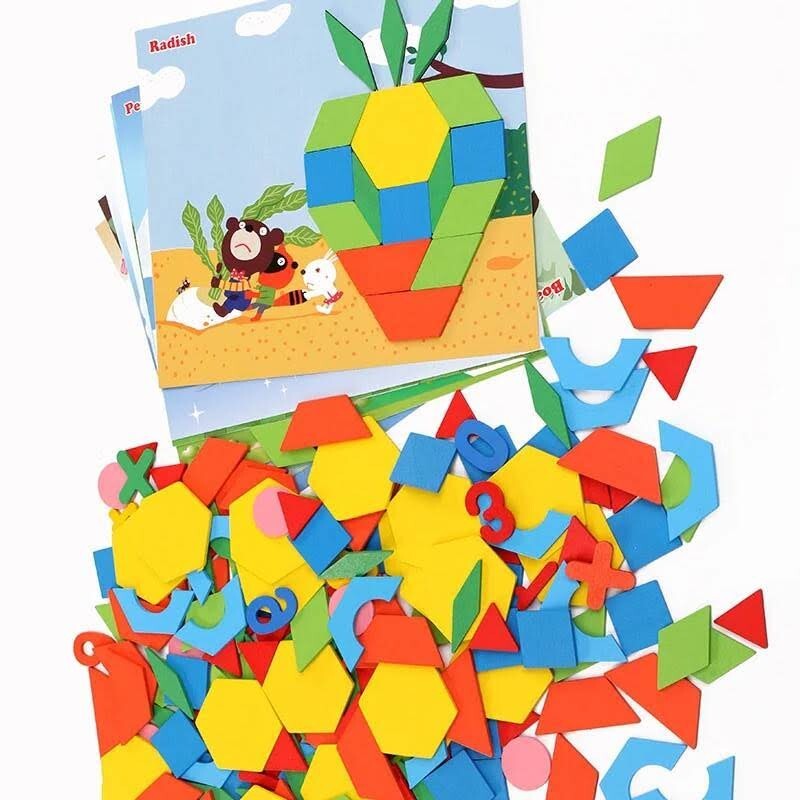 Wooden Pattern Blocks Set 250 Pcs Montessori Tangram Geometric Shape Puzzle