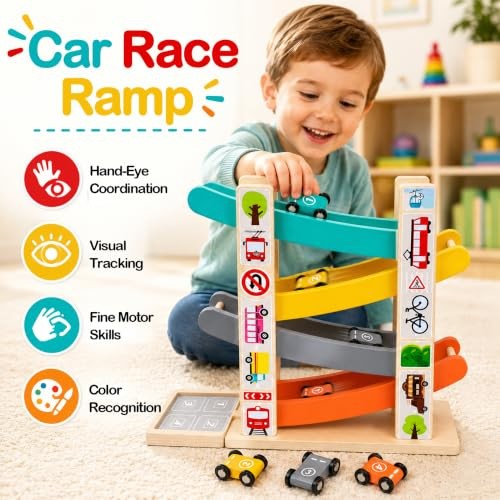 Montessori Toys for 1 Year Old Boy, Wooden Car Ramp Toy with 4 Cars & Parking