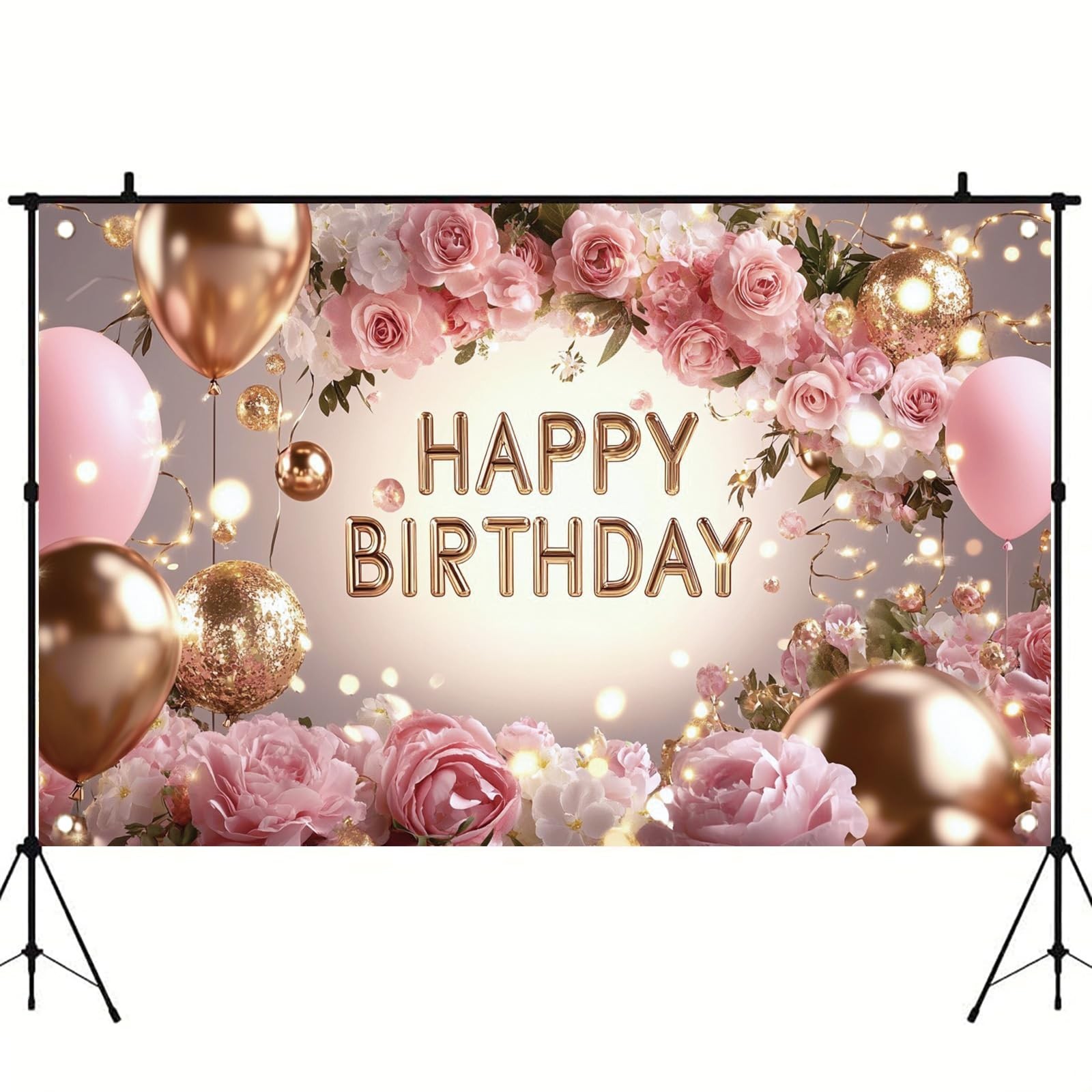 Pink Rose Happy Birthday Backdrop Banner Gold Glitter Crown Photography Backg…