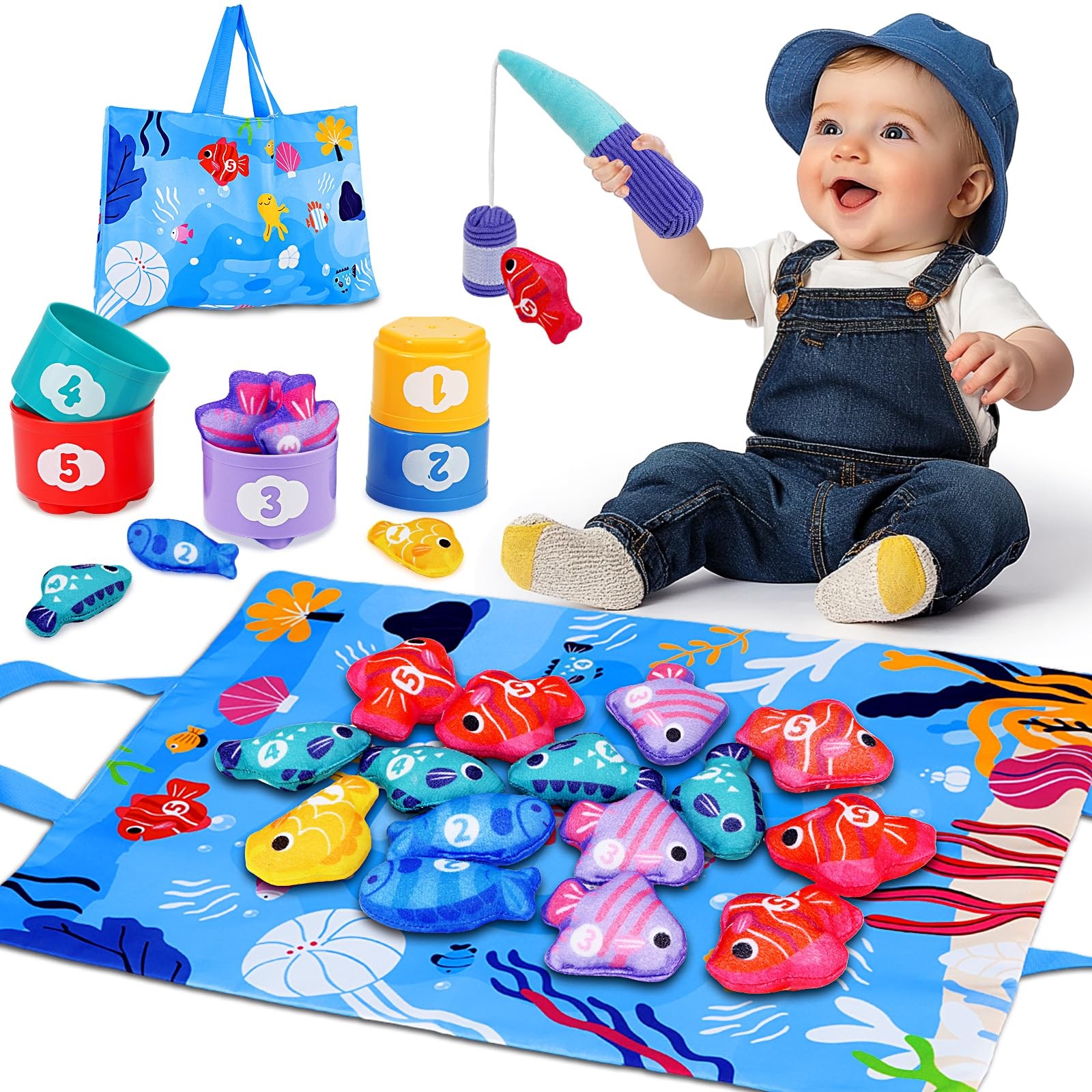 Montessori Toys for 1 Year Old – Cloth Fishing Game with Stacking Cups Toddle…