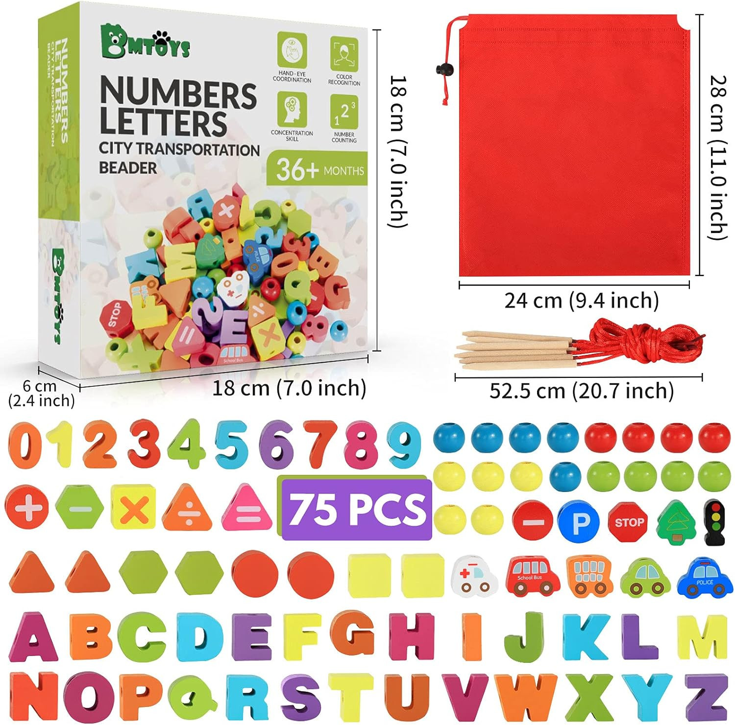 Wooden Lacing Toy Alphabet Number Threading Beads for Boys Girls Age 3 4 5 6 Mon