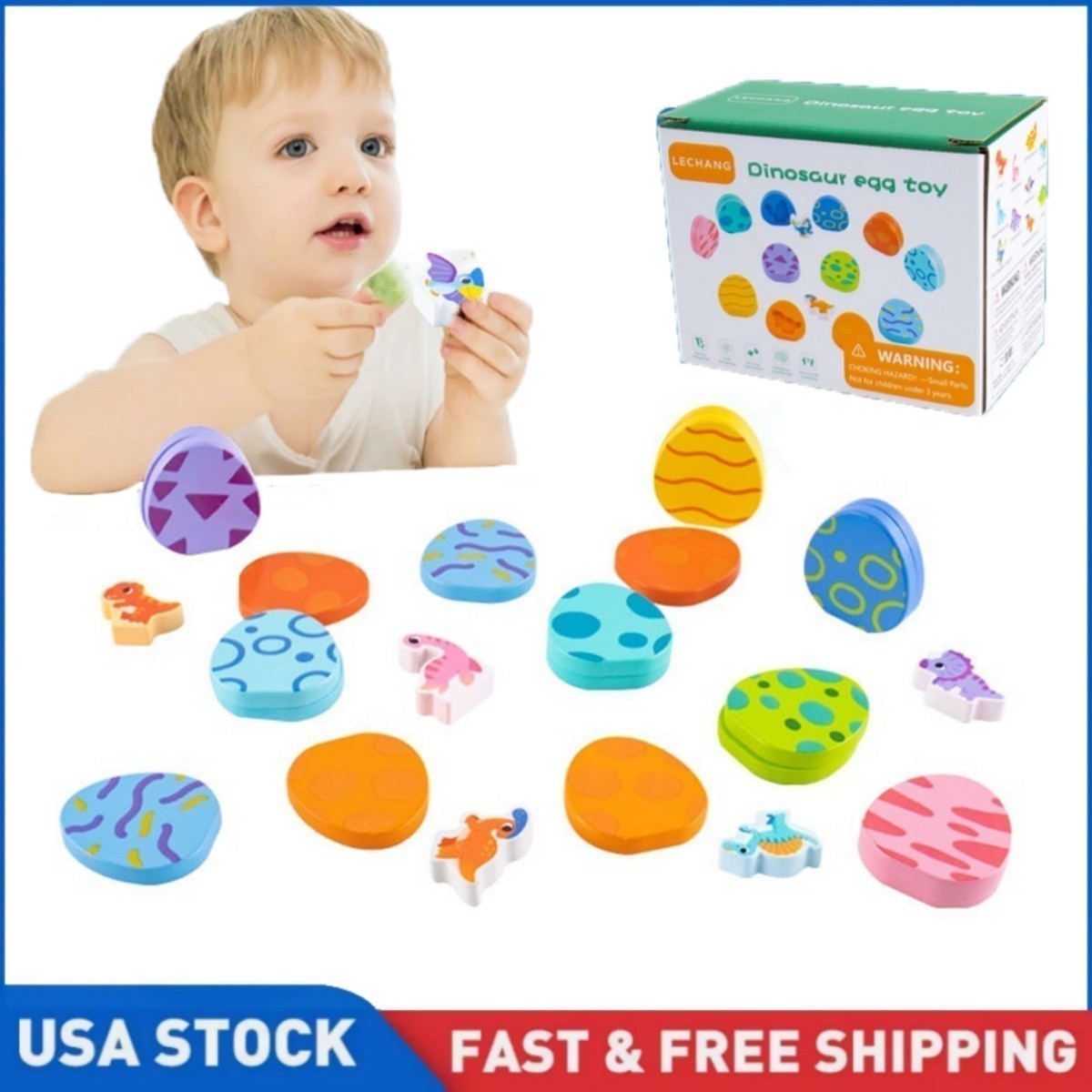 10 Pcs Wooden Puzzles for Kids Ages 1-3, Colored Dinosaur and Egg Pairing Toys