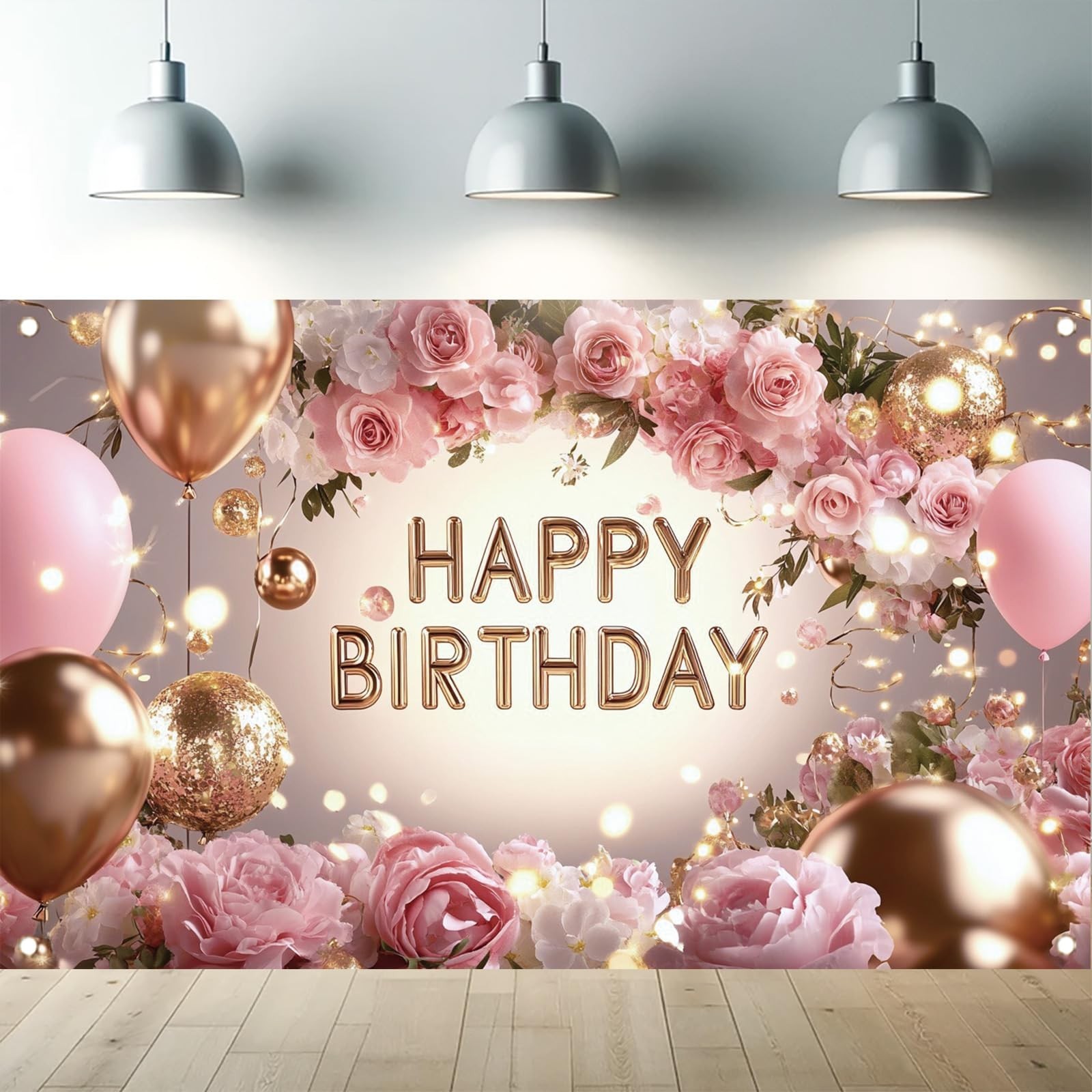 Pink Rose Happy Birthday Backdrop Banner Gold Glitter Crown Photography Backg…