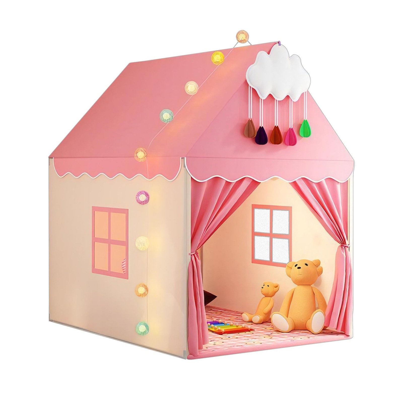 Pink Kids Play Tent with Mat, Cloud and Ball Lights Large Playhouse for Child…
