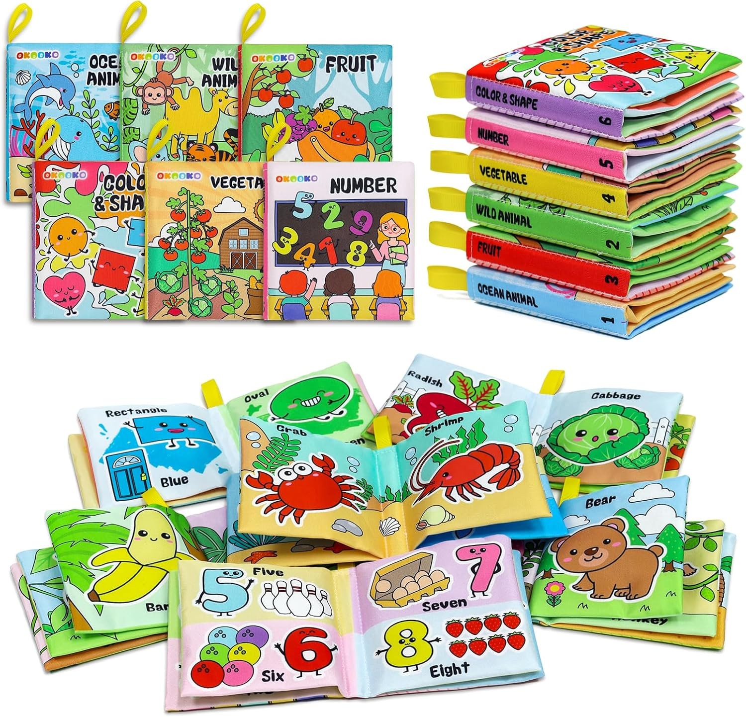 OKOOKO Soft Baby Books 6PCS Soft Cloth Books Bath Books Crinkle Washable Non-Tox