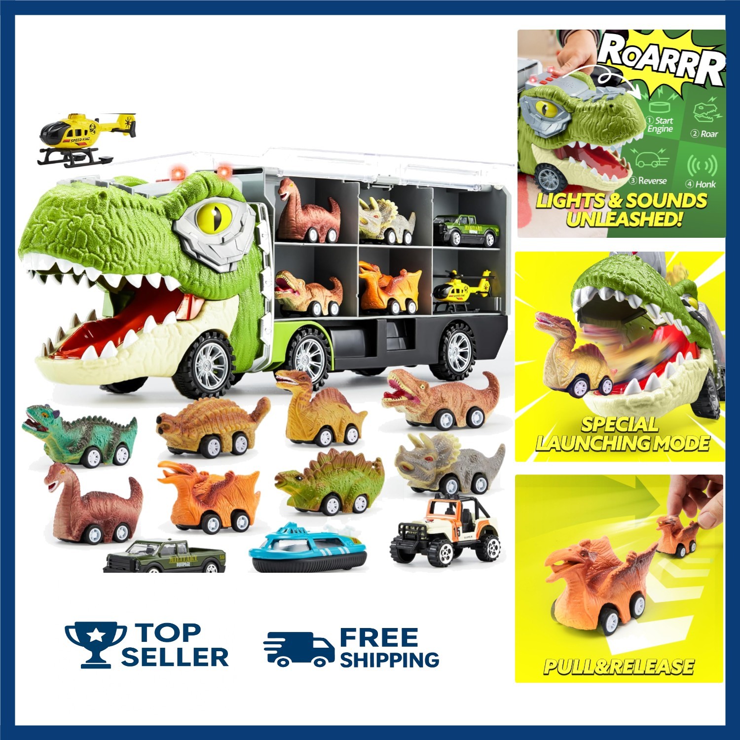 All-in-One Dinosaur Carrier Truck with Lights and Sounds – 13 Toy Set for Kids