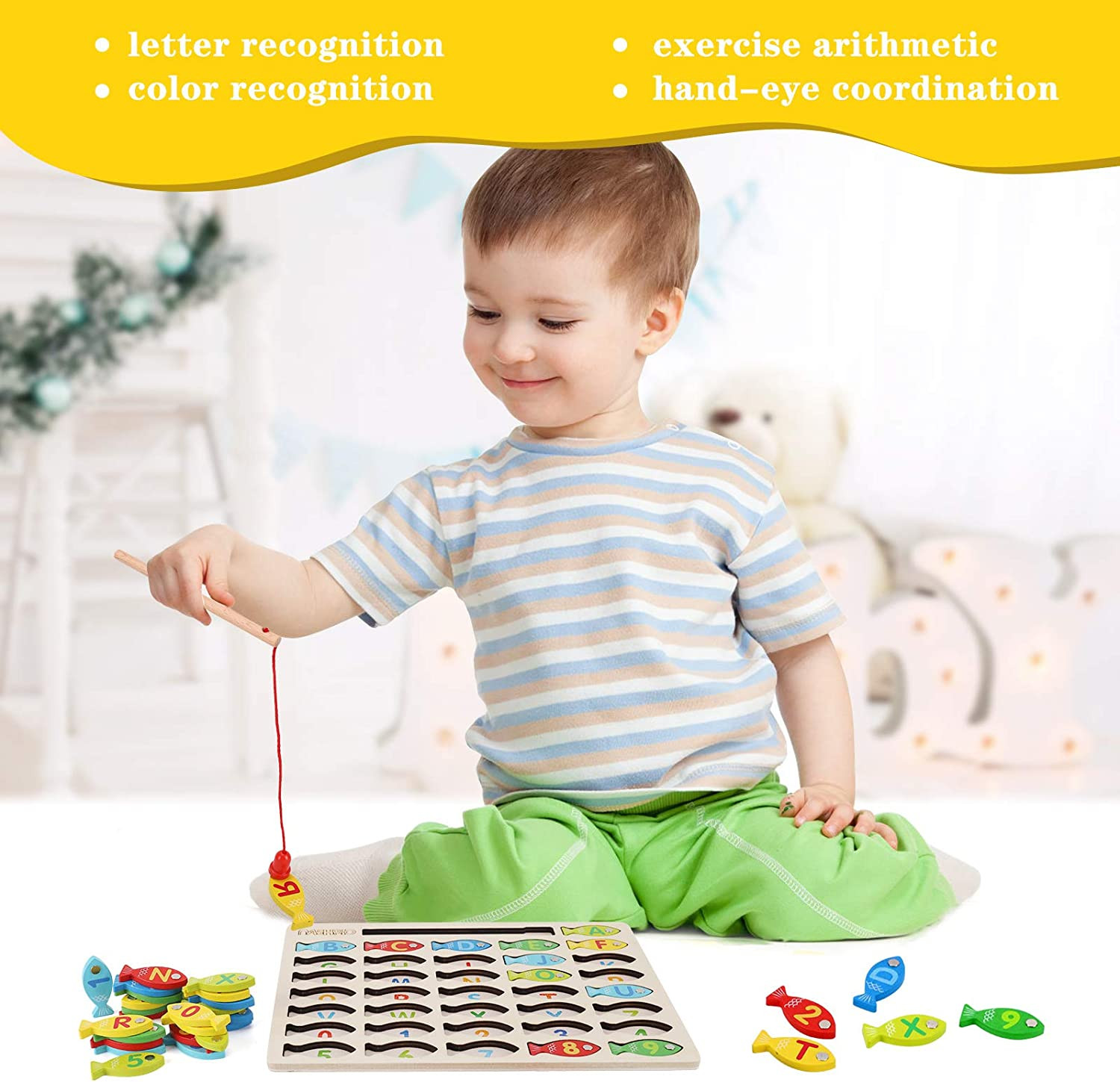 Magnetic Wooden Fishing Game for Toddlers, ABC & Numbers Puzzle, Educational Toy