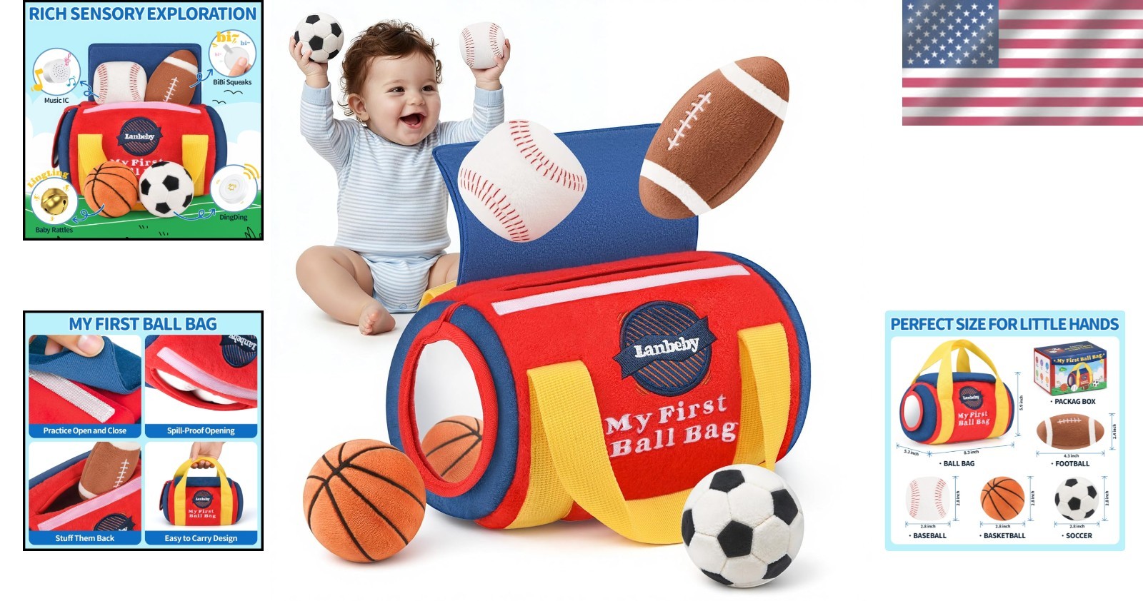 Baby Toys Fabric Sensory Balls Musical Mirror Sports Bag Gift 0-12M