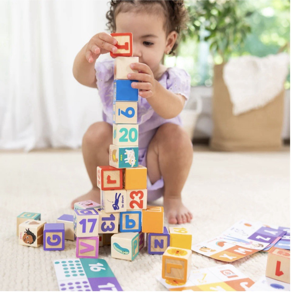 Wooden learning blocks and activity cards stack, sort,match, and sequence blocks