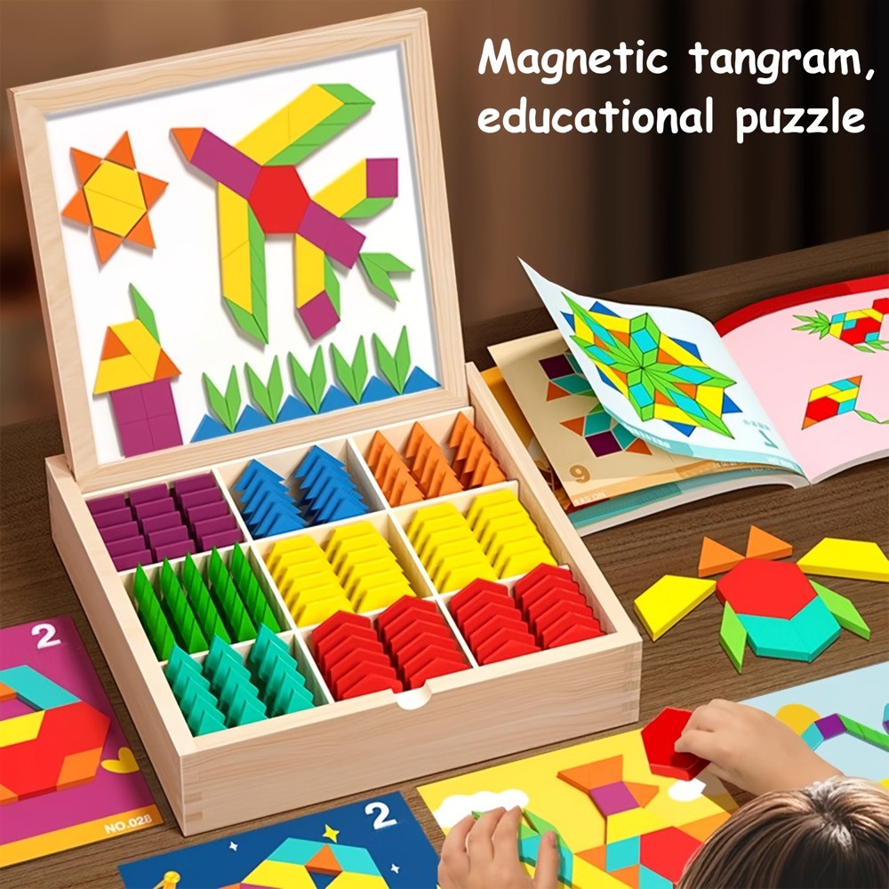 Wooden Magnetic Tangram Puzzle Set Geometric Shape Learning Toy for Preschoolers
