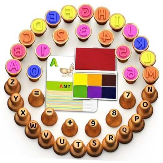 Montessori Wooden Letter & Number Stamps Set with 7-Color Ink Stamp Ink Pad Set