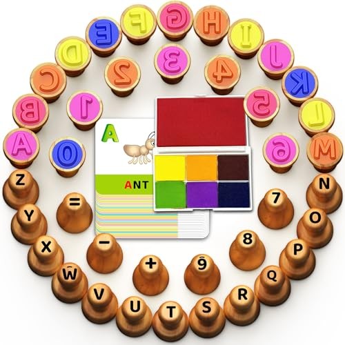 Montessori Wooden Letter & Number Stamps Set with 7-Color Ink Stamp Ink Pad Set